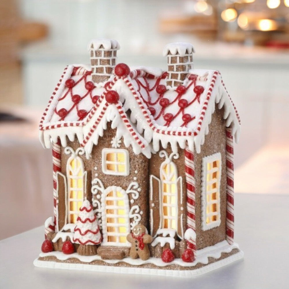 10" LED Icing Gingerbread House with Timer - Battery-Operated Christmas Decoration