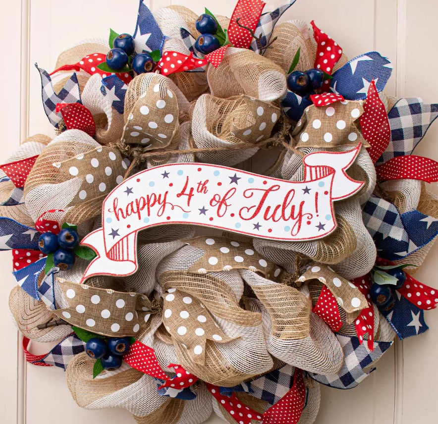 15" Happy 4th of July Hanging Banner Sign – Glitter Patriotic Decoration with Stars