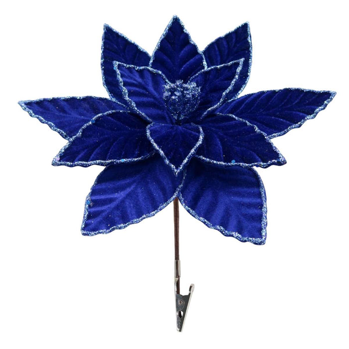 Blue poinsettia flower Christmas tree clip with silver glitter edging on a white background