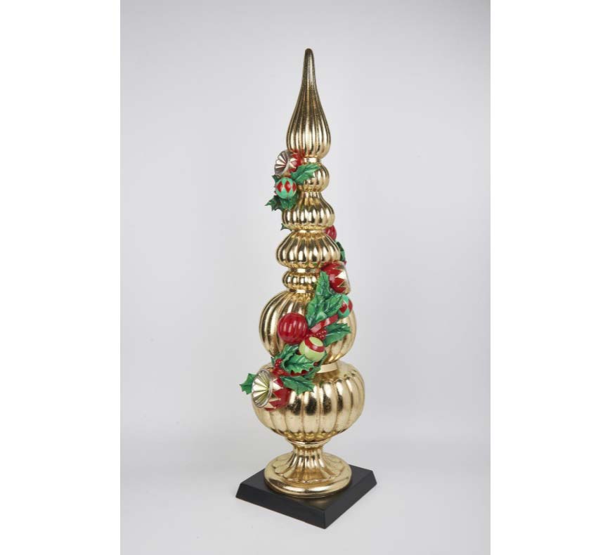40" Gold Finial Christmas Decoration with Ornaments – Elegant Holiday Accent