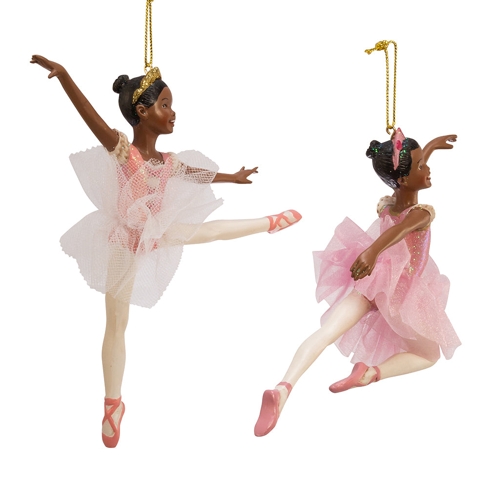 6.5" African American Ballerina Ornaments – Set of 2 Assorted Elegant Christmas Decorations