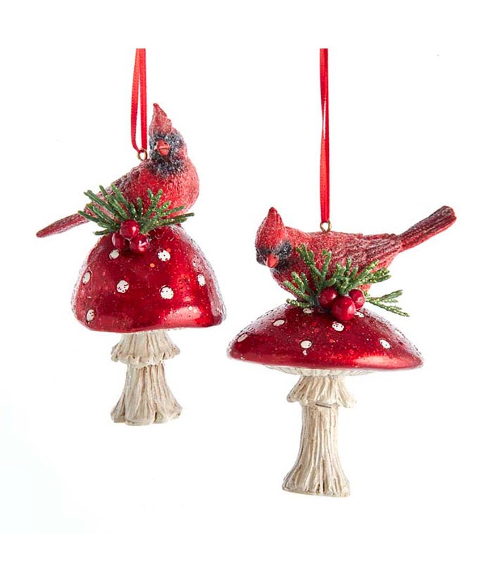 4.5" Cardinal on Mushroom Ornaments – Set of 2 Assorted Resin Christmas Decorations