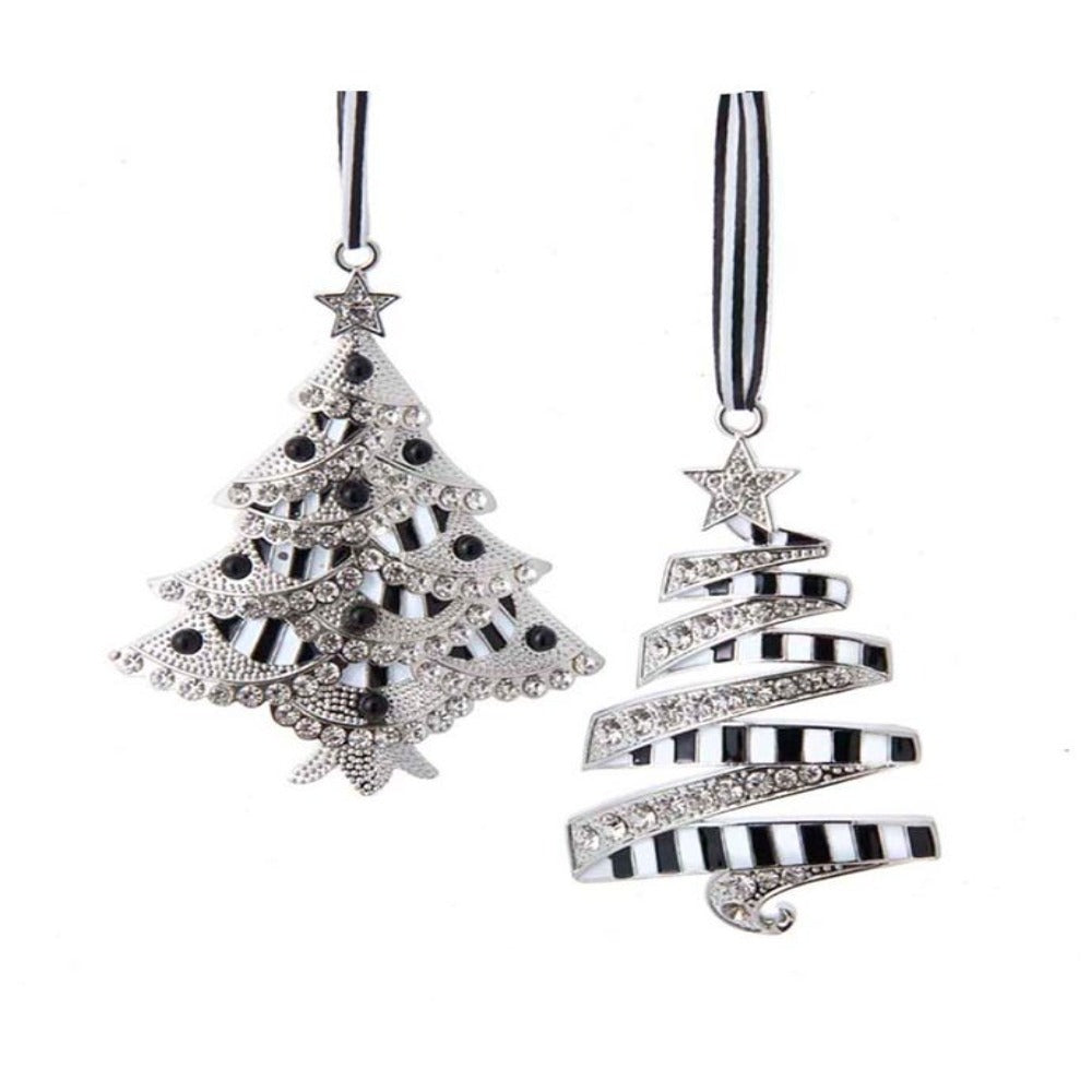 4" Black and White Tree With Stones Ornaments – Set of 2 Assorted Elegant Christmas Decorations