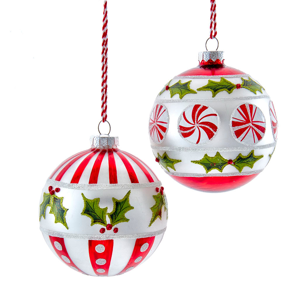 4" Glass Peppermint and Holly Christmas Ball Ornaments - Set of 2