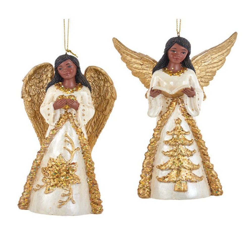 4.5” Ivory and Gold African American Angel Ornaments - Set of 2 Assorted Elegant Christmas Decorations