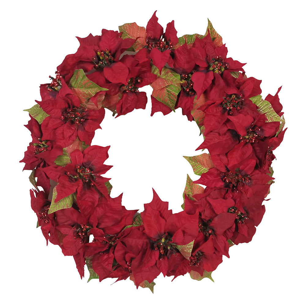 24" Unlit Red Poinsettia Wreath – Festive Christmas Decoration