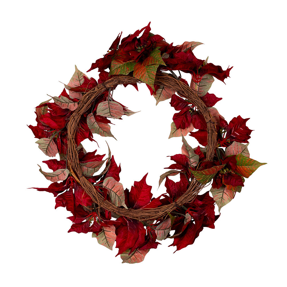 24" Unlit Red Poinsettia Wreath – Festive Christmas Decoration