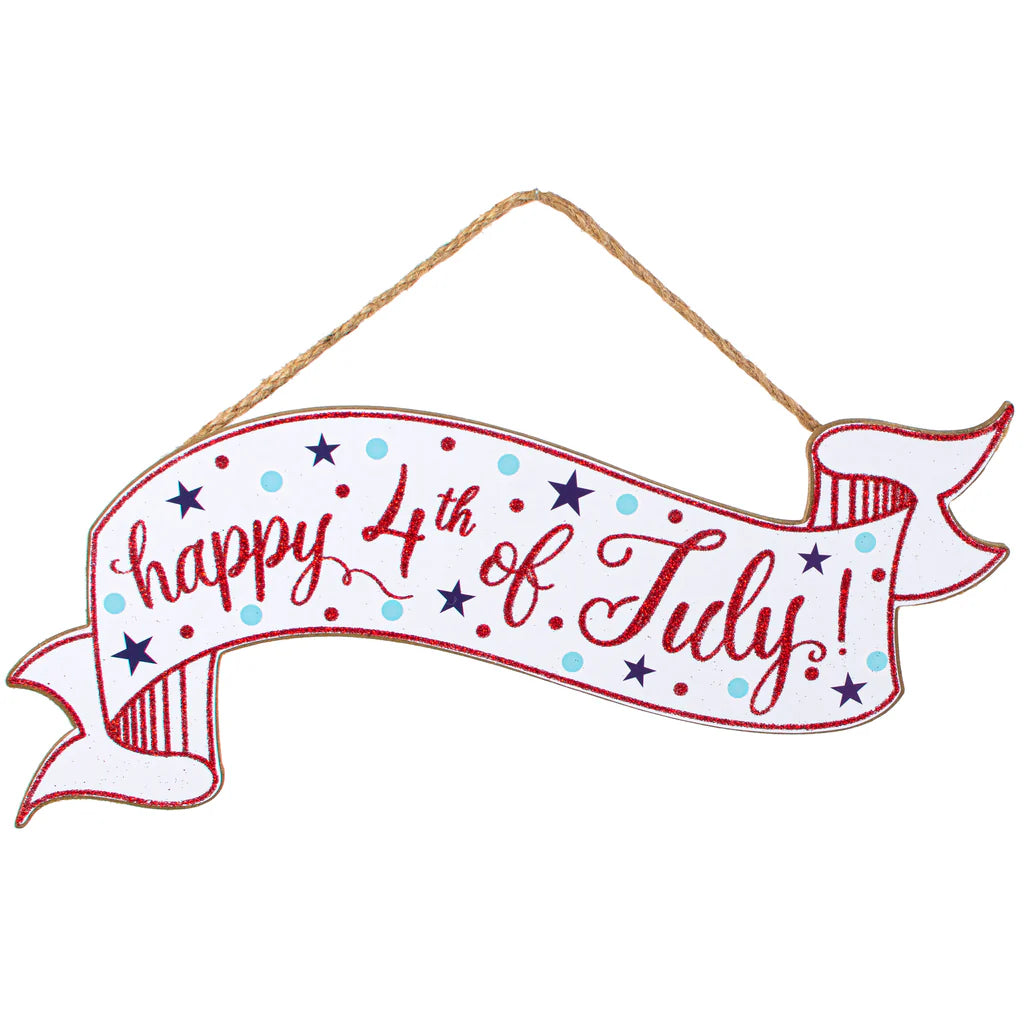 15" Happy 4th of July Hanging Banner Sign – Glitter Patriotic Decoration with Stars