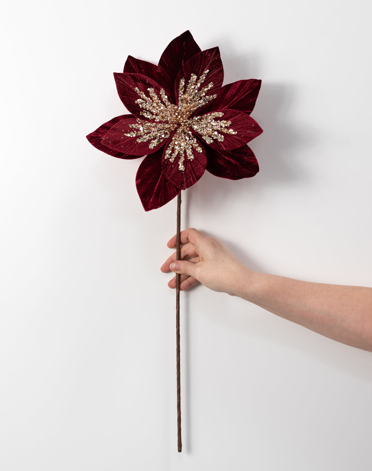 11" Burgundy Velvet Poinsettia Pick with Rose Sequins – Christmas Floral Stem