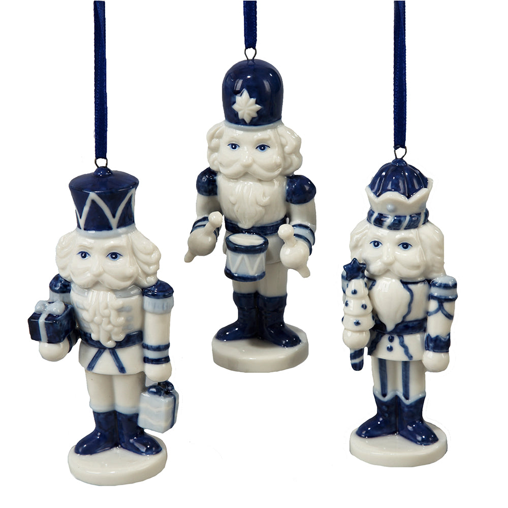 4" Porcelain Delft Blue Nutcracker Ornaments – Set of 3 Assorted Christmas Decorations
