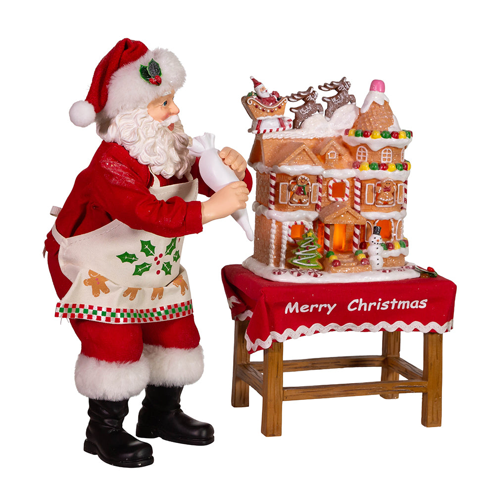 10.5" Fabriché™ Battery-Operated Santa with Gingerbread Houses – 2-Piece Holiday Set