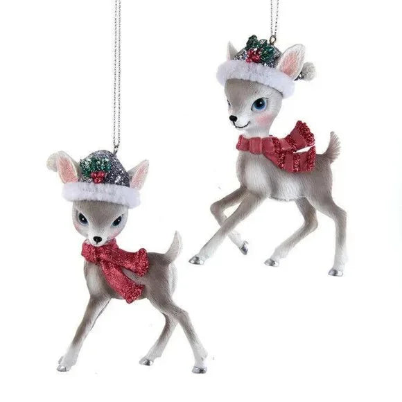 4.25" Deer With Santa Hat Ornaments – Set of 2 Resin Christmas Decorations