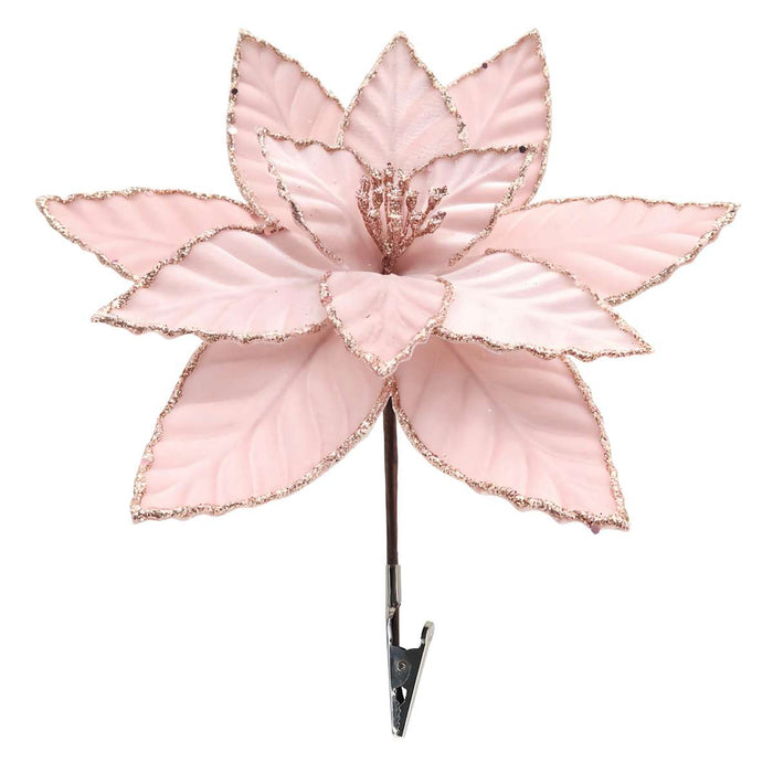 Blush pink poinsettia flower tree clip with glitter-trimmed petals on white background