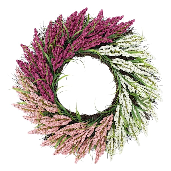 Pink & White Heather Floral Wreath – Spring & Summer Front Door Botanical Home Décor