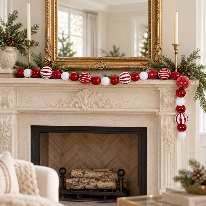 AI-generated styling inspiration: red and white ornament garland on an elegant ivory stone mantel with gold mirror; props not included