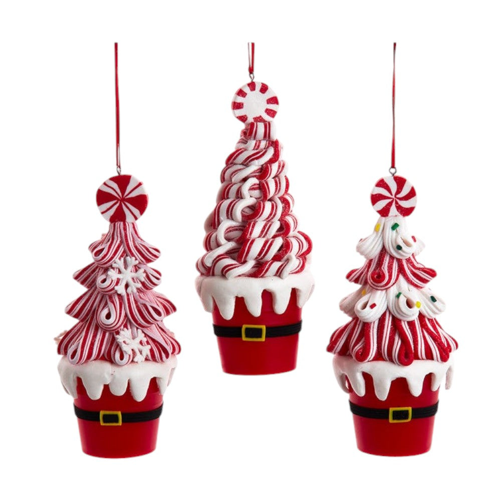 6.25" Candy Swirl Tree in Santa Bucket Ornaments – Set of 3 Assorted Festive Christmas Decorations