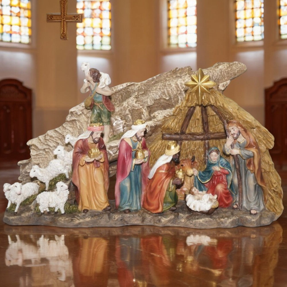 12" Nativity Scene with Sheep Herd - Traditional Christmas Decor