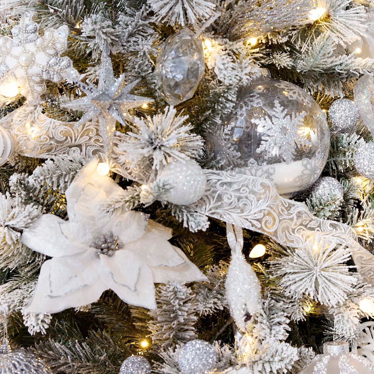 8″ White & Silver Glitter Poinsettia Clip Ornament – Christmas Floral Accent