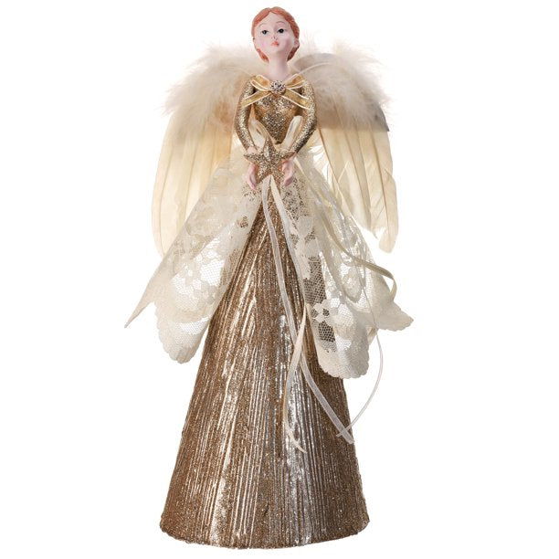 12" Brown and White Lame Angel Holding Star – Delicate Christmas Figure