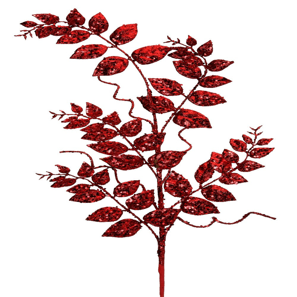 35" Red Glitter Mica Later Fern Spray - Sparkling Christmas Decor