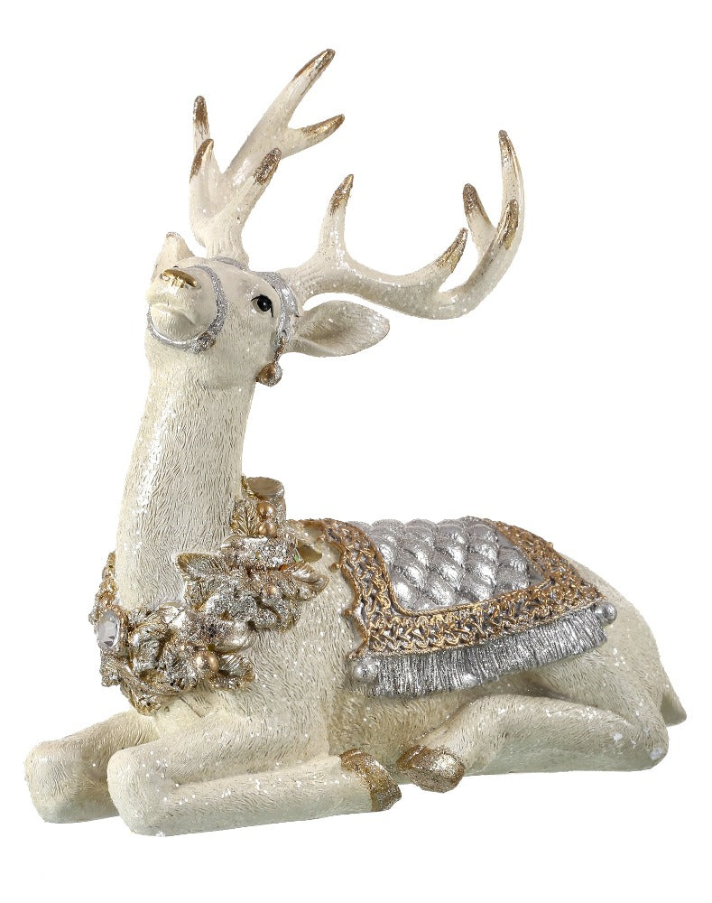10" Resin Laying Deer with Glitter Saddle & Blanket – Elegant Christmas Figurine