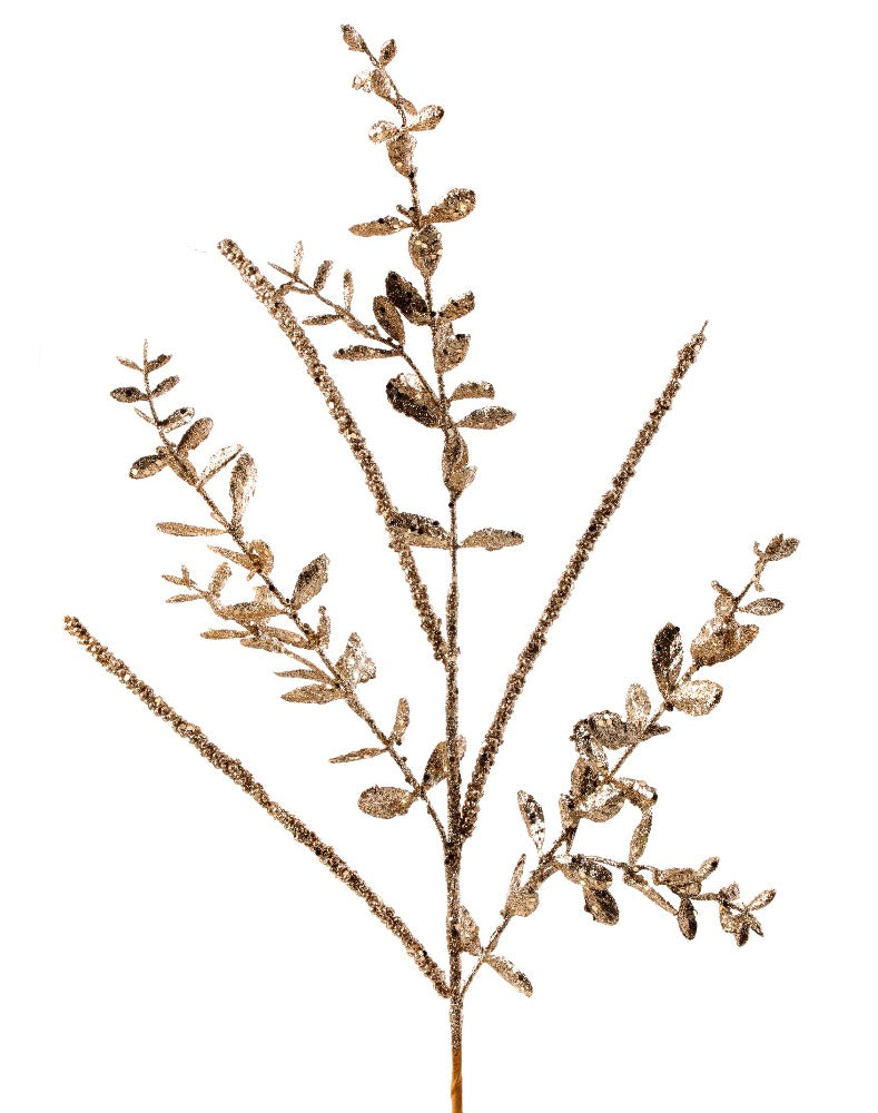 29" Gold Glitter Sequin Boxwood Berry Stick Spray – Festive Christmas Decorative Accent