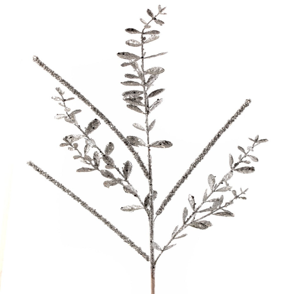 29" Silver Glitter Sequin Boxwood Berry Stick Spray – Festive Christmas Decorative Accent