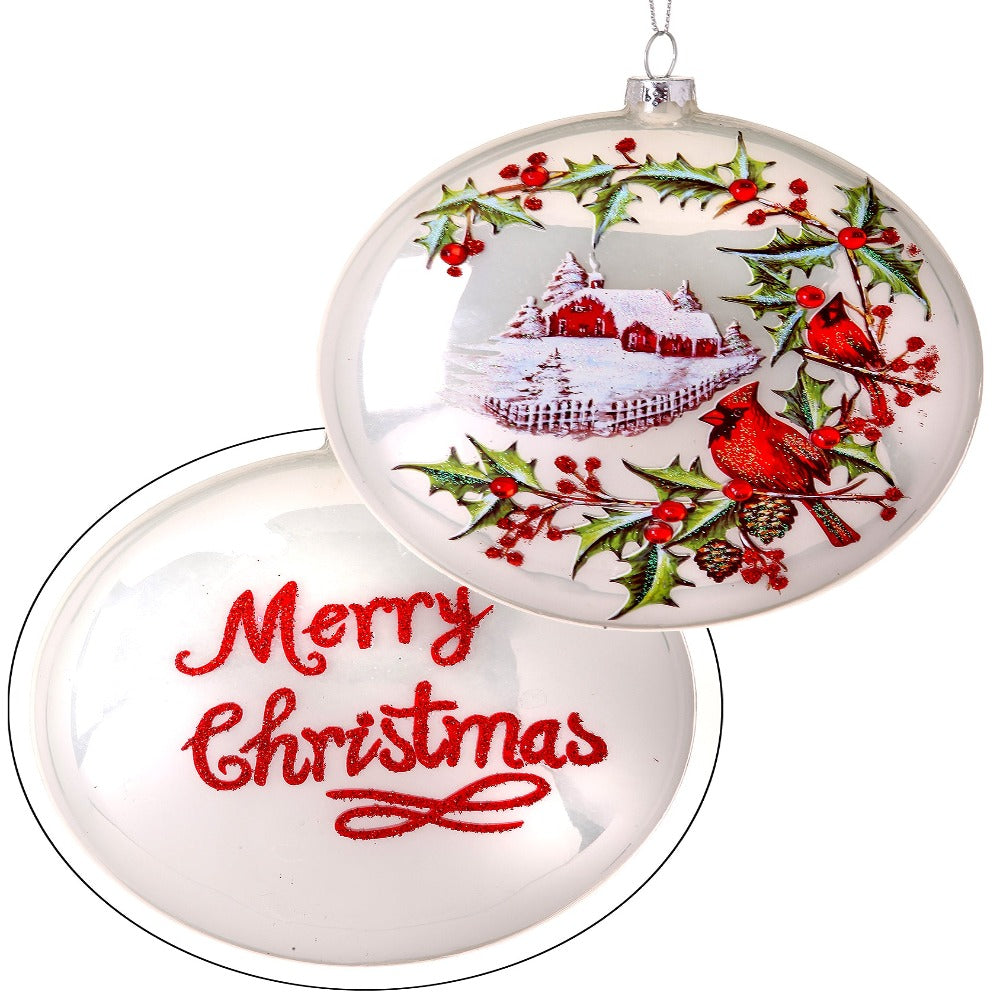 5" Glass Disc Country Cardinals Ornament - Festive Christmas Tree Decoration