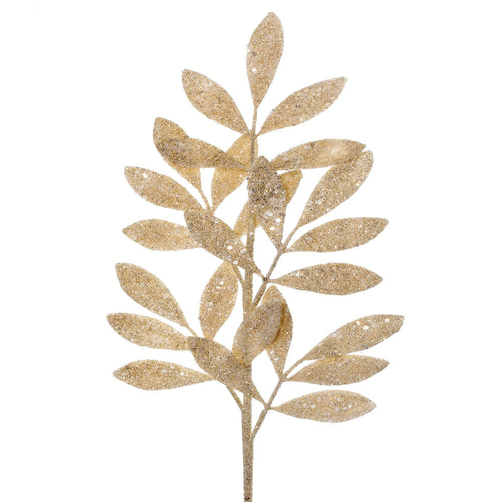 27" Glittered Bay Leaf Spray - Champagne Sequin Christmas Floral Accent for Décor