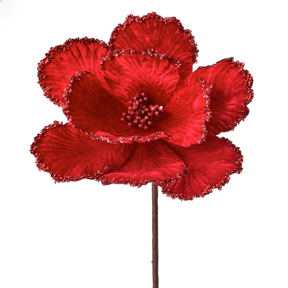 24" Red Velvet Glitter Bead Edge Magnolia Stem - Elegant Christmas Floral Decoration