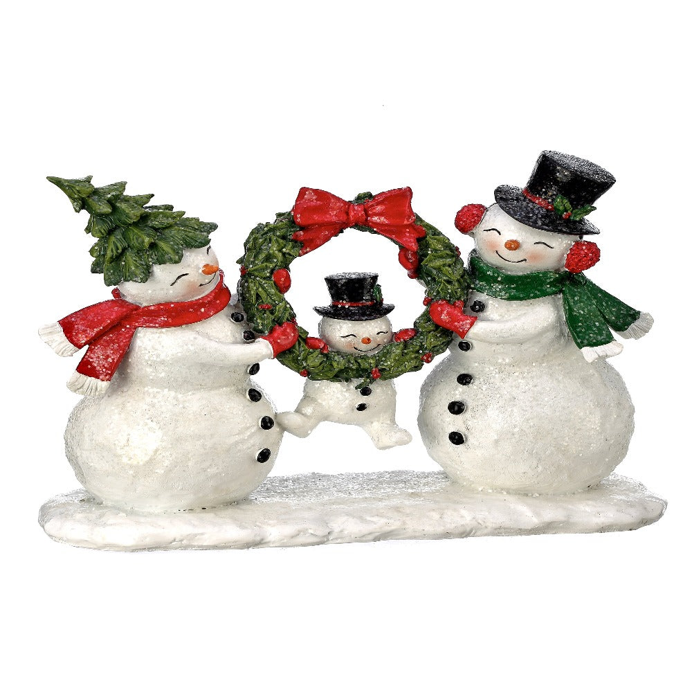 10" Resin Snowman Family with Child in Wreath – Charming Christmas Decoration