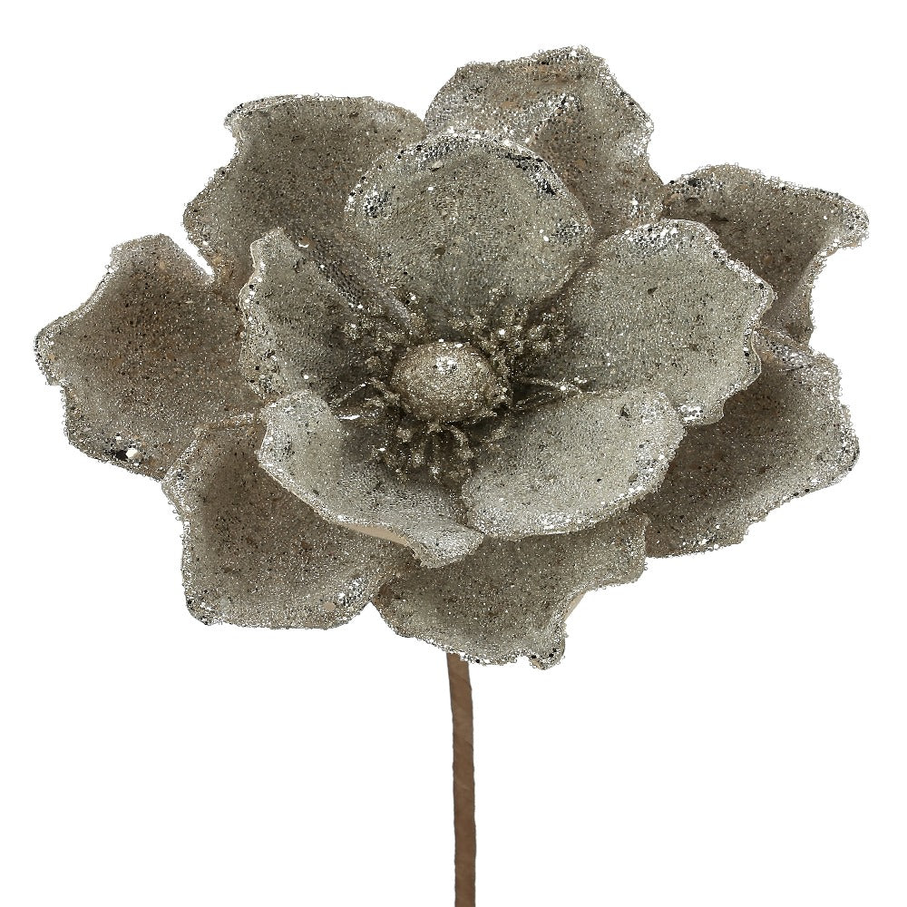 24" Platinum Glitter Magnolia Flower Pick – Elegant Christmas Floral Decoration
