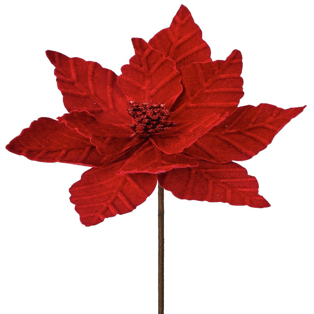 24” Red Velvet Poinsettia Flower with Glitter Center – Elegant Christmas Floral Décor