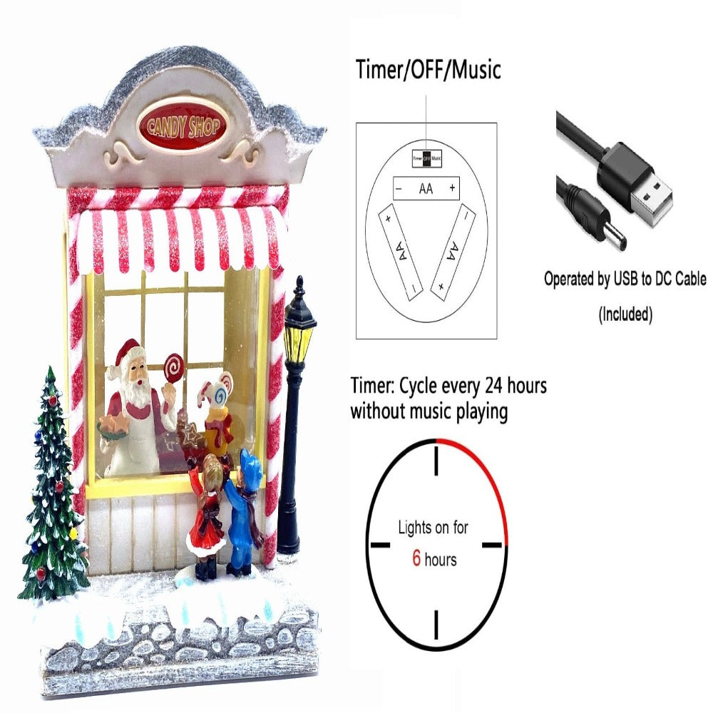 12" Christmas Snow Globe Santa in Candy Shop with Kids - Festive Holiday Decoration