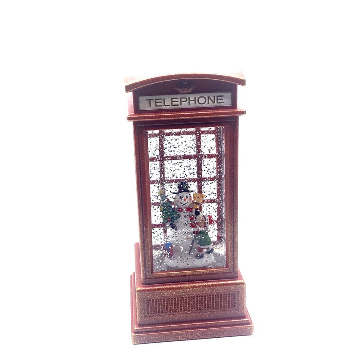 7" Red Telephone Booth Water Snow Globe with Snowman & Child