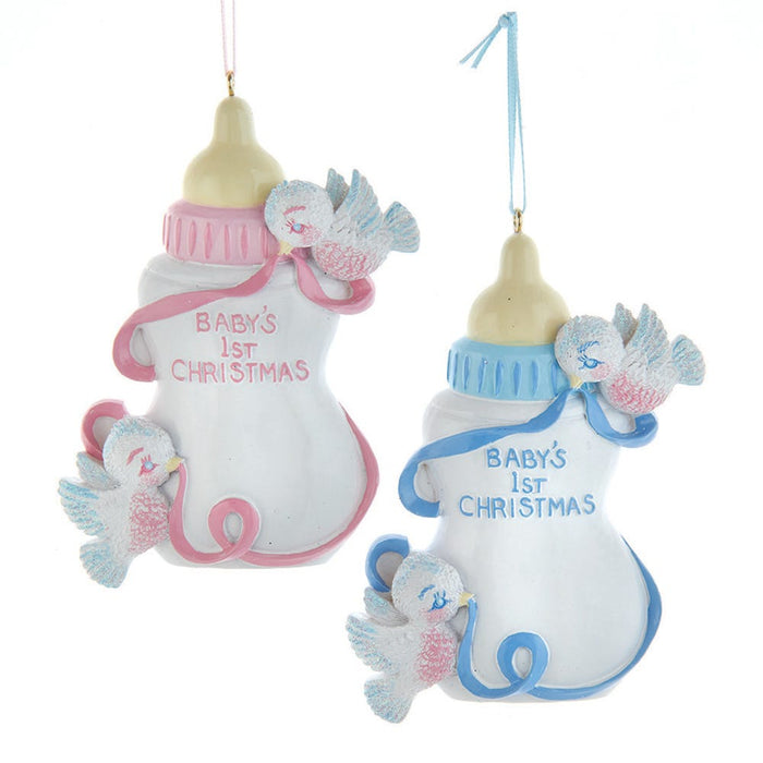 4.125-inch Baby's First Christmas bottle ornament with birds for personalization