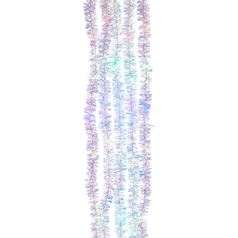 100-light silver iridescent tinsel cascade set with warm white lights