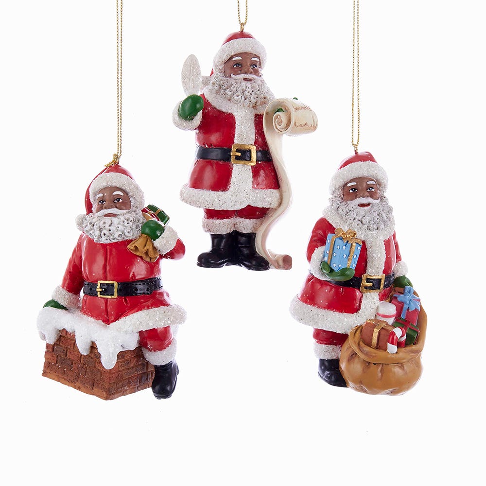 4.5-inch African American Santa Christmas ornaments set of three assorted
