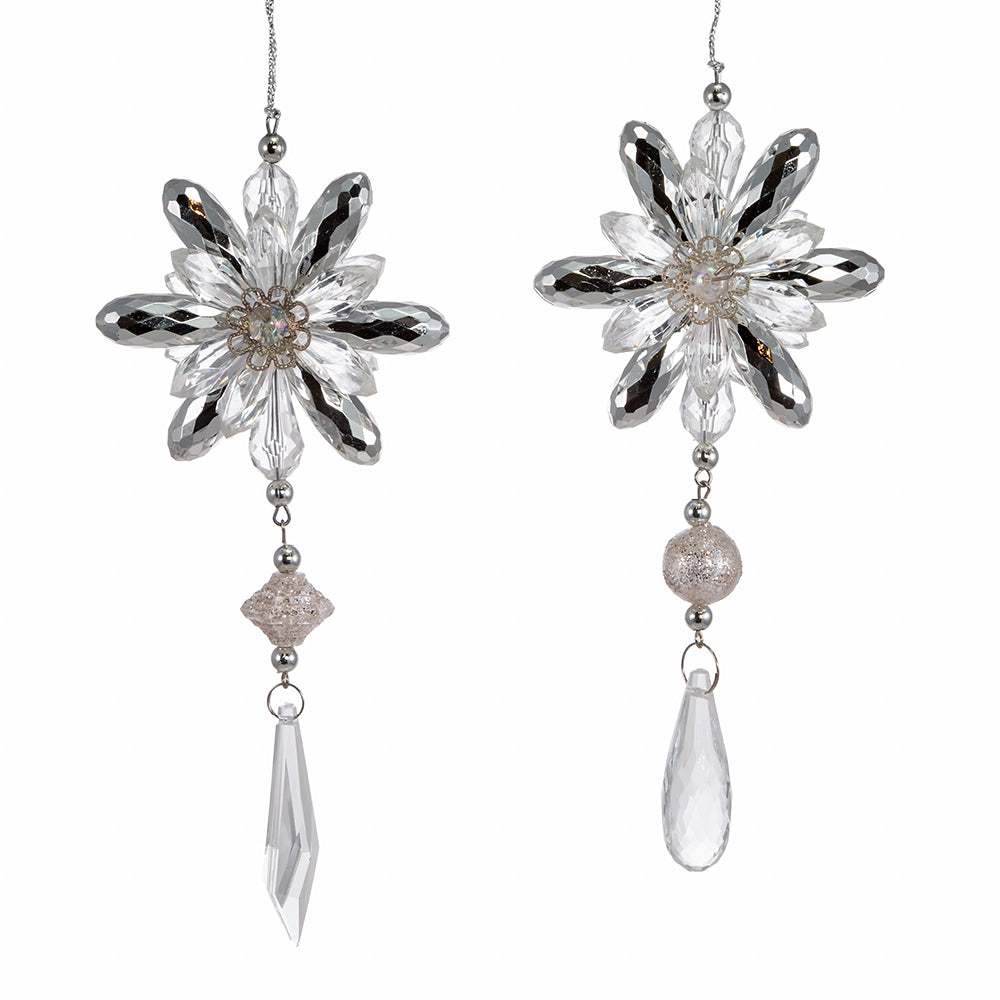 6.1" Clear and Silver Jewel Drop Ornaments – Set of 2 Assorted Elegant Christmas Decorations