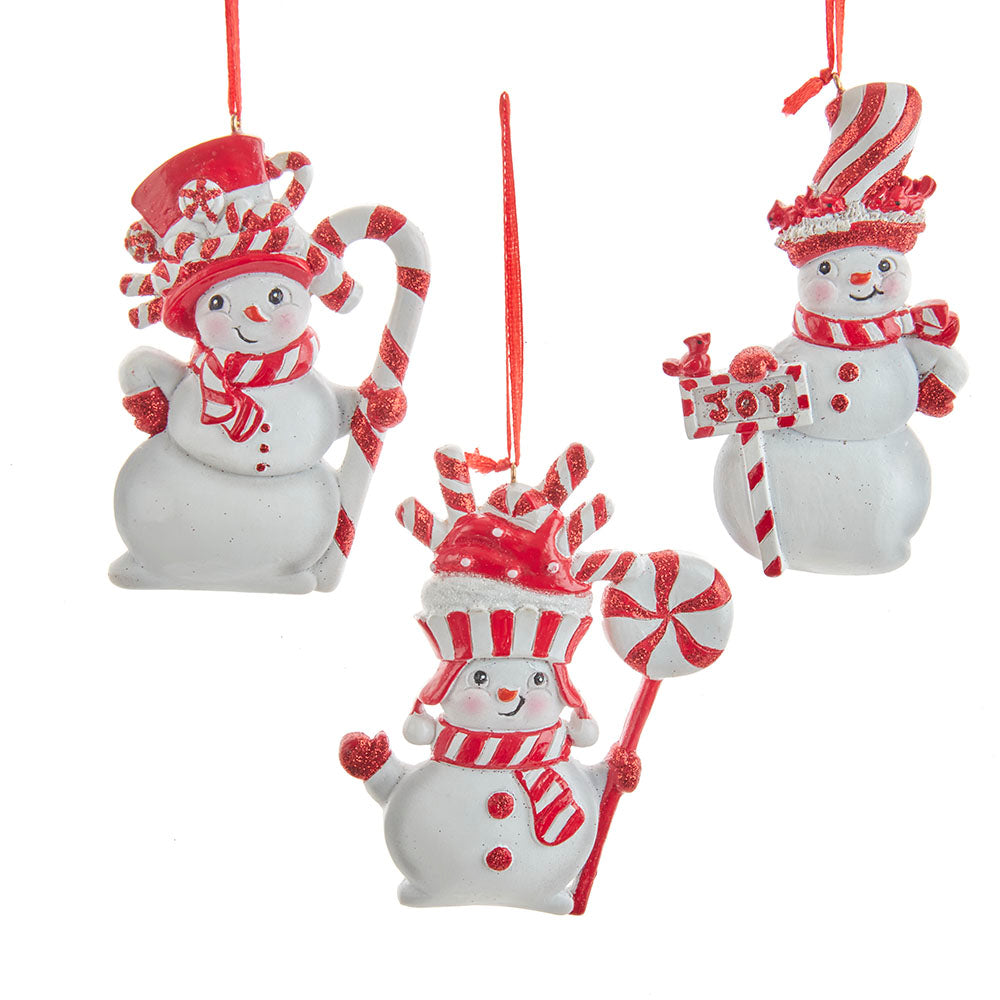 4" Peppermint Snowman Ornaments – Set of 3 Assorted Christmas Decorations