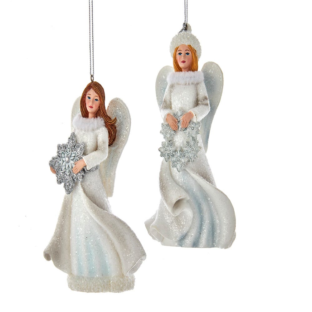 5.25" Silver and White Angel Ornaments – Set of 2 Assorted Resin Christmas Decorations