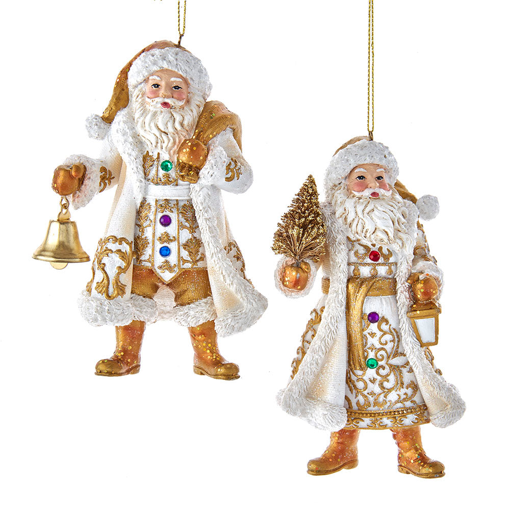 5.25" Jeweled White and Gold Santa Ornaments – Set of 2 Assorted Elegant Christmas Decorations