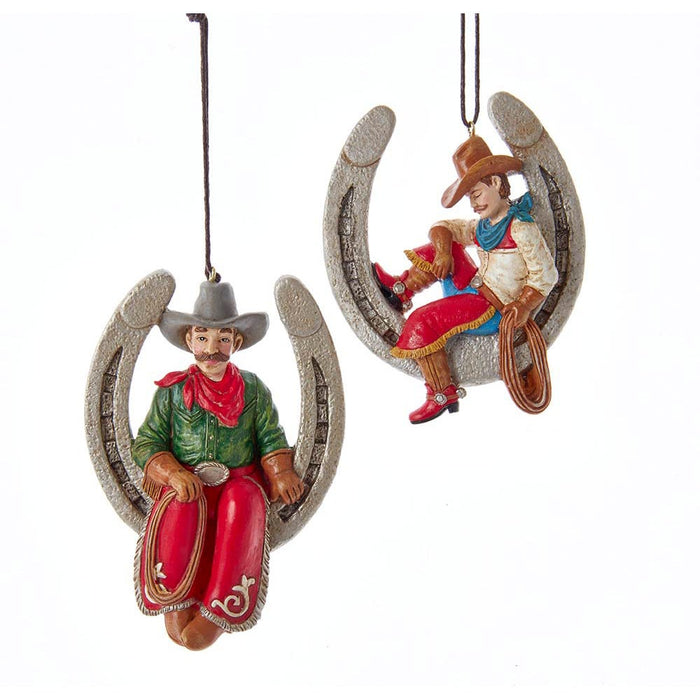 4-inch Western horseshoe and cowboy Christmas ornaments set of two