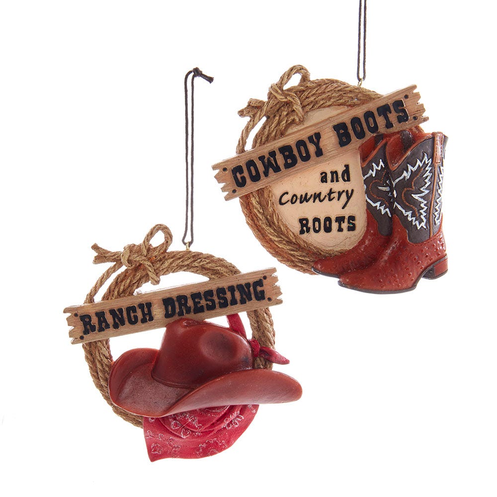 4.25" Western Lariat Ornaments – Set of 2 Assorted Resin Cowboy Christmas Decorations
