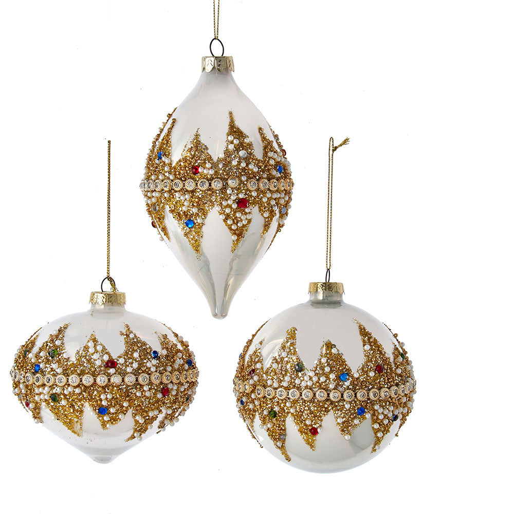 4" Glass Jeweled Ball, Onion and Drop Shape Ornaments, 3 Assorted