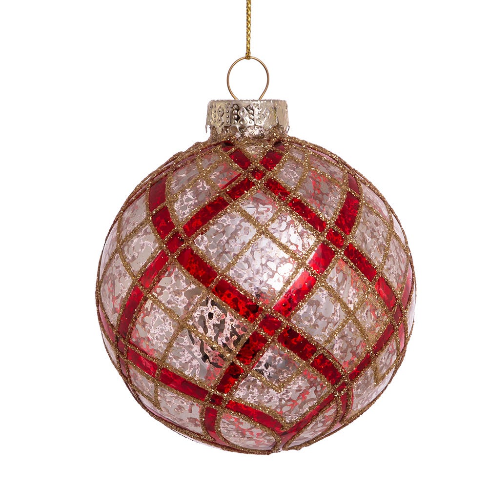 3.15" Silver with Gold and Red Plaid Glass Ball Ornaments, 6-Piece Box Set- Elegant Christmas Tree
