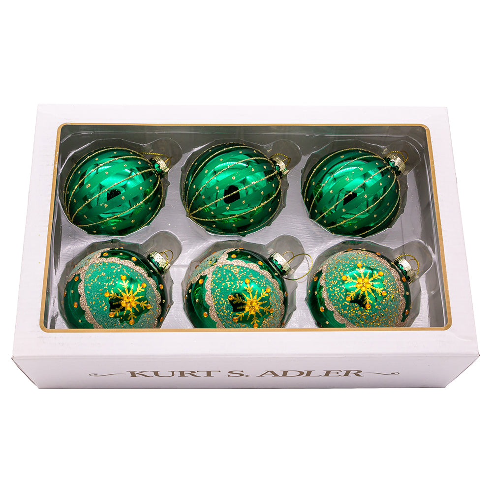 3.15" Gold, Green, and Bronze Embellished Glass Ball Ornaments, 6-Piece Box Set | Luxurious Christmas Tree Decorations