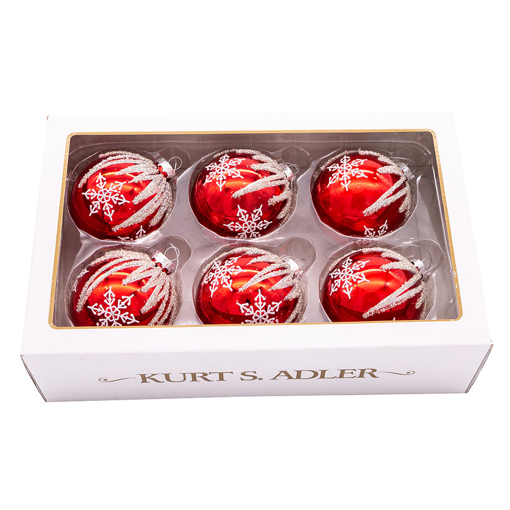 3.15" Glass Red and Silver Snowflake Ball Ornaments, 6-Piece Box Set | Festive Christmas Tree Decorations