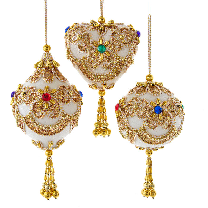 3.5-5" White & Gold Heart, Ball & Finial Ornaments – Set of 3