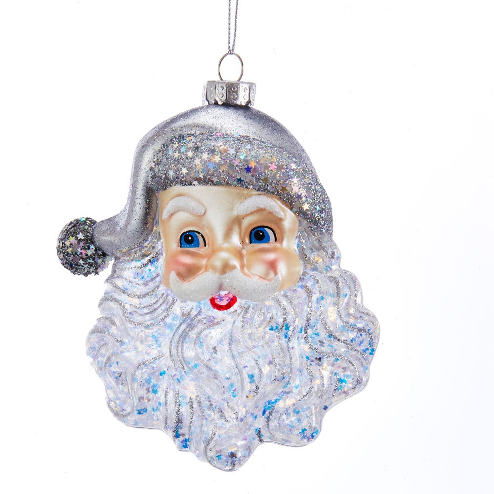5" Glass Santa Face with Silver Glitter Ornament - Elegant Christmas Tree Decoration